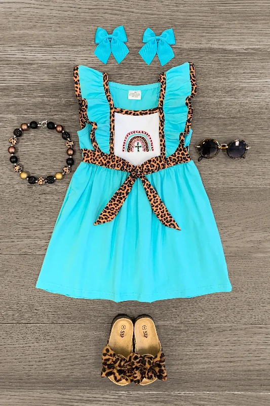 Turquoise & Leopard Ruffle Easter Rainbow Dress