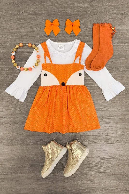 Orange Polka Dot Fox Jumper Dress Set