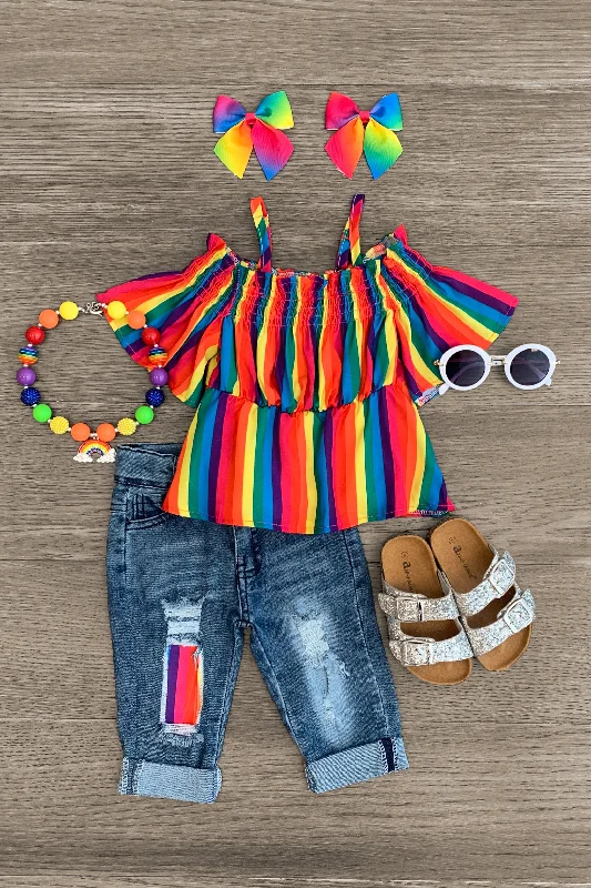 Rainbow Cinch Cold Shoulder Denim Capri Set