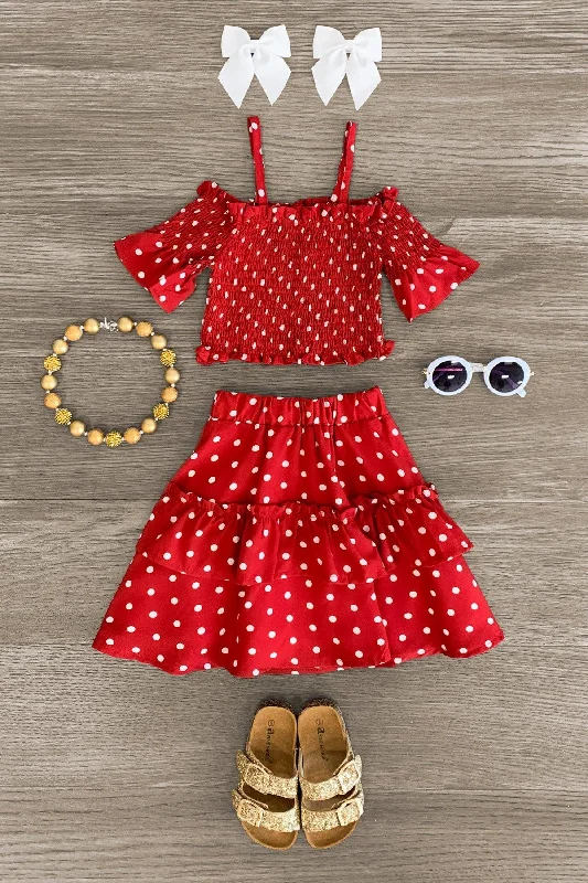 Red Cold Shoulder Polka Dot Skirt Set