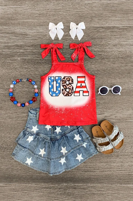 "USA" Red Ruffle Star Denim Skirt Set