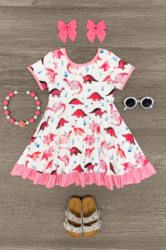 White & Pink Dinosaur Ruffle Dress