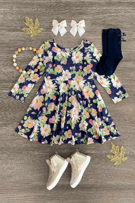 White & Pink Floral Navy Dress