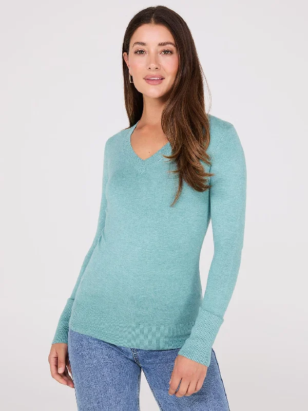 V-Neck Long Sleeve Sweater With Ribbed Details