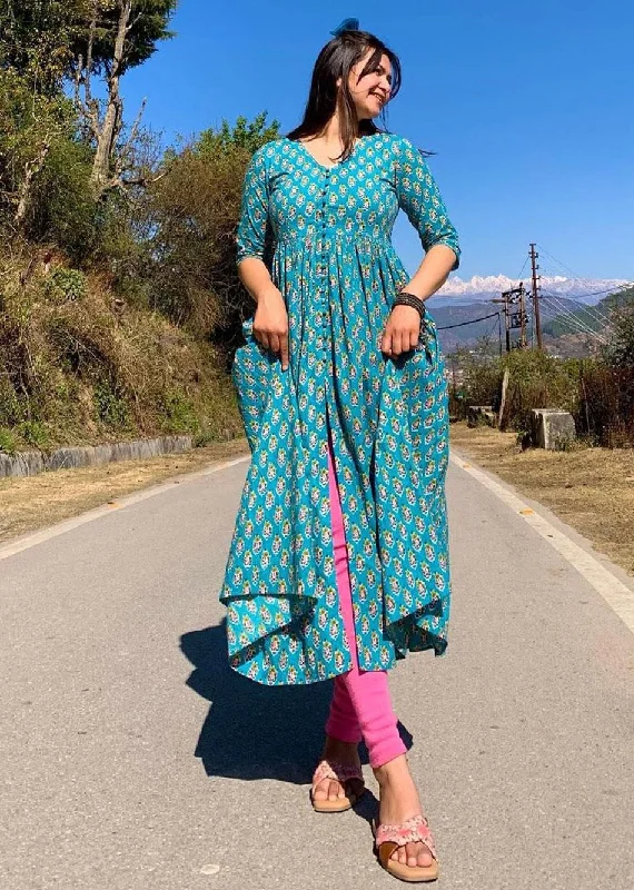 Blue Printed Front Slit Kurta