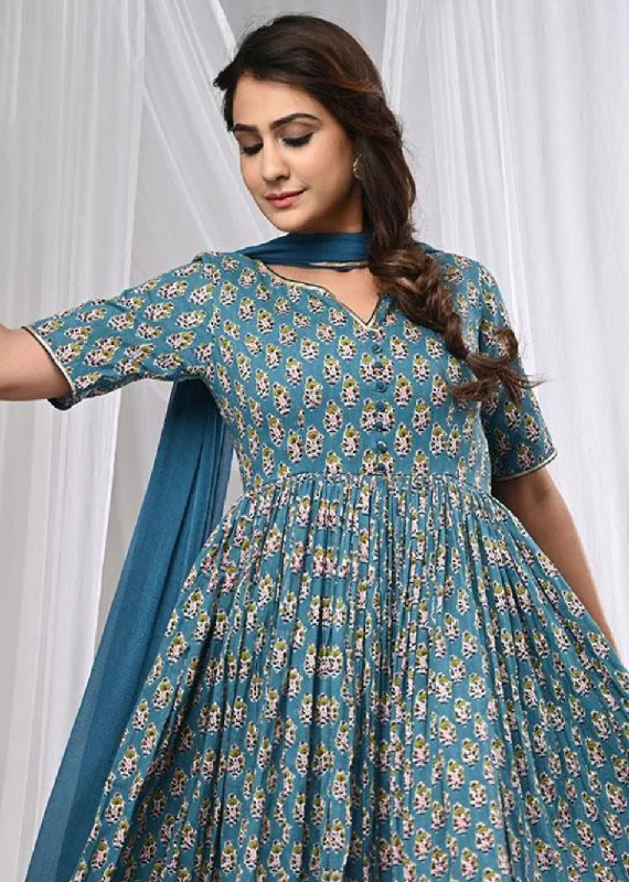 Blue Printed Notch Neck Anarkali Suit Set