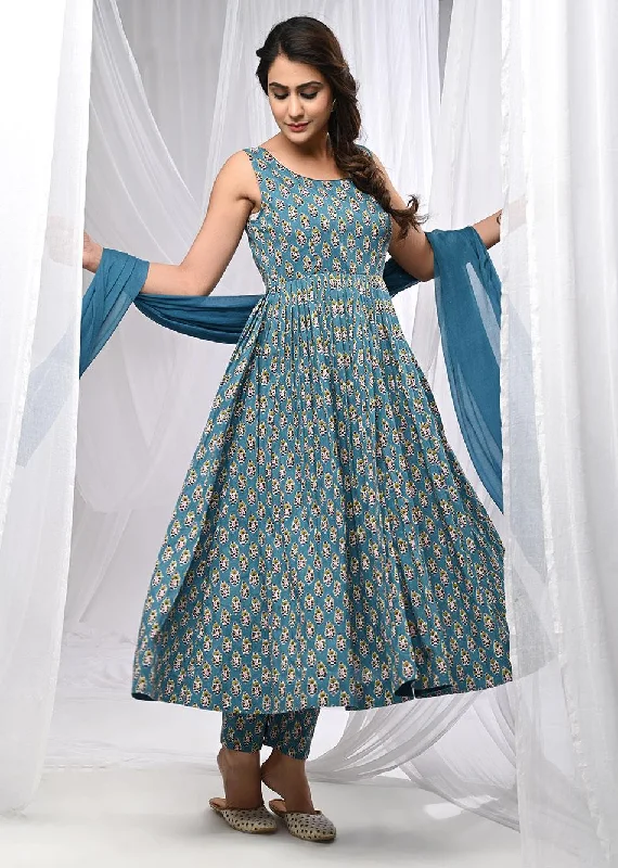 Blue Printed Sleeveless Anarkali Suit Set