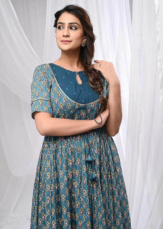 Blue Printed Yoke Anarkali Suit Set