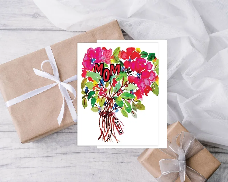 Mom I Love Greeting Card with Bright Bouganvilla Flowers