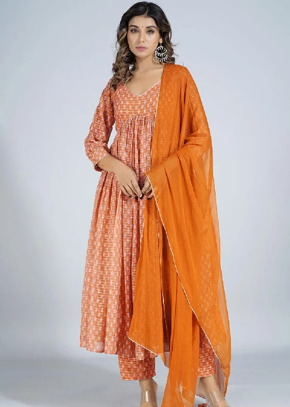 Orange Cross Gathered Anarkali Suit Set