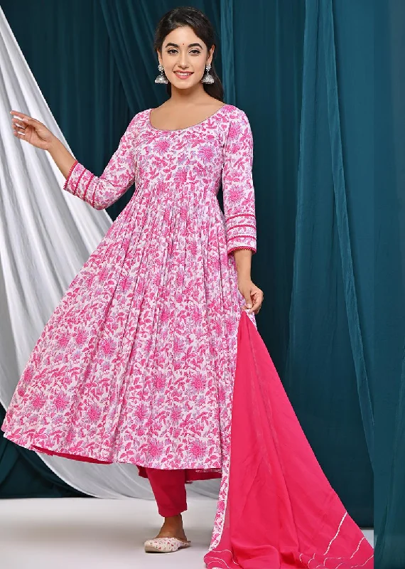 White Printed Gathered Anarkali Suit Set