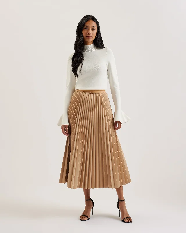 Liydah Faux Leather Pleated Skirt Camel