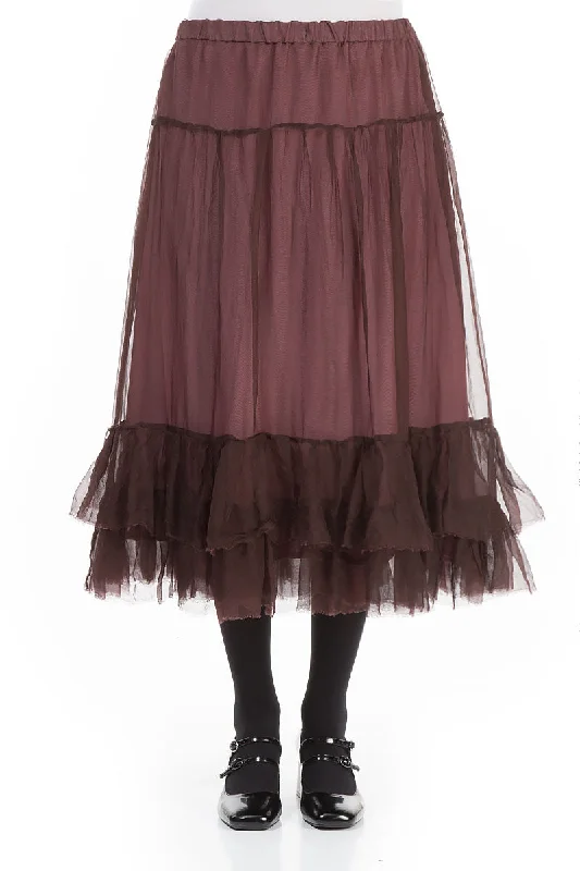 Ruffled Merlot Silk Chiffon Midi Skirt