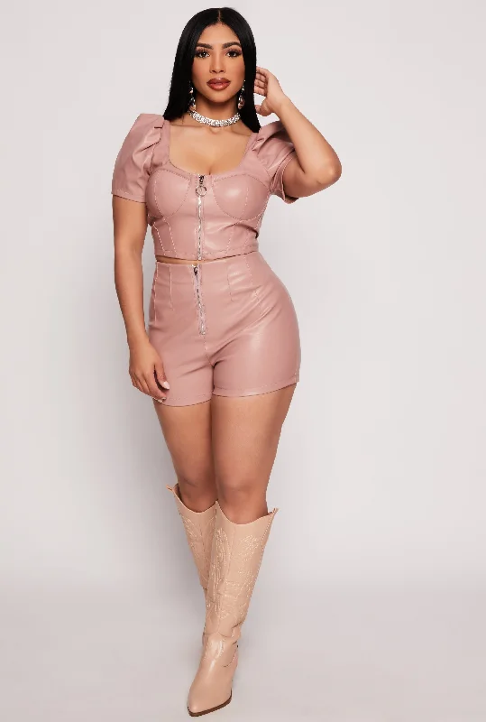 Faux Leather Zip Front High Waist Shorts