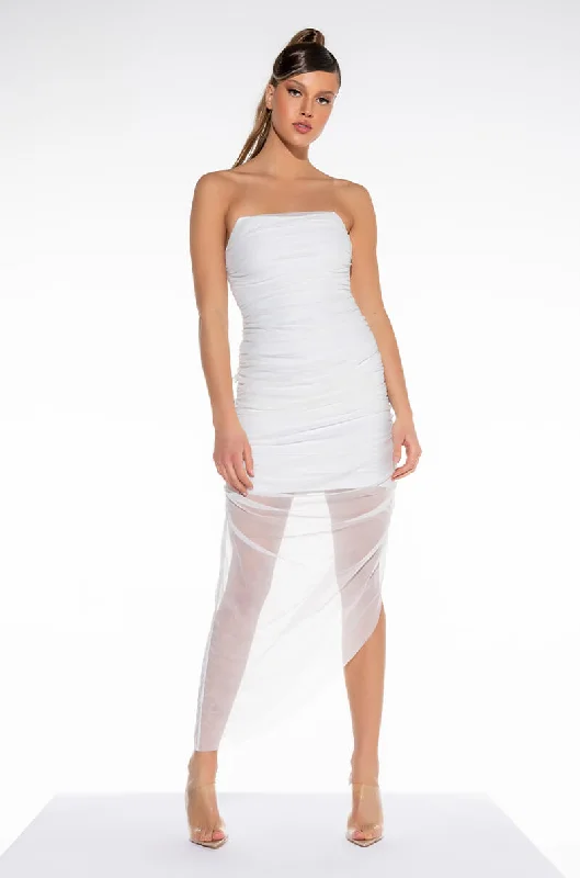 LOVE ME MORE TUBE RUCHED MESH MIDI DRESS