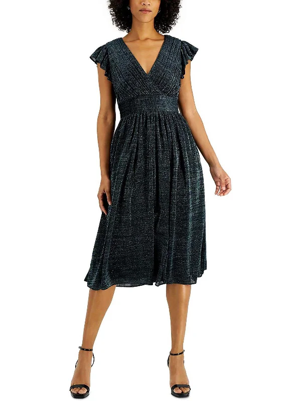 Womens Metallic Surplice Midi Dress