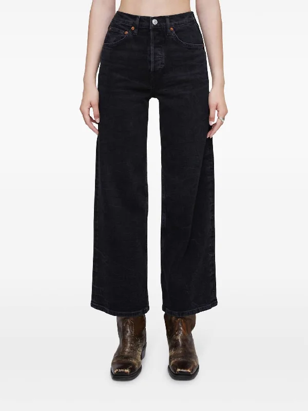 High Rise Wide Leg Crop Jeans In Black Vein