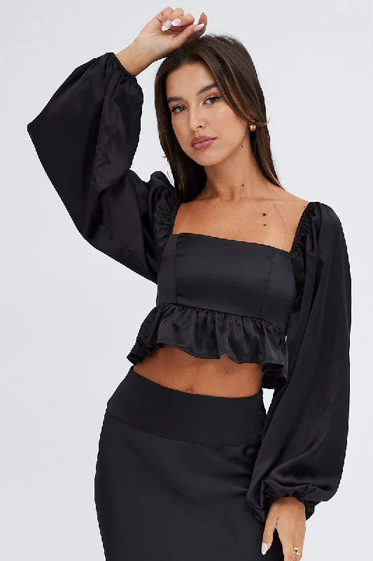 Black Crop Top Long Sleeve Square Neck Frill Hem Satin