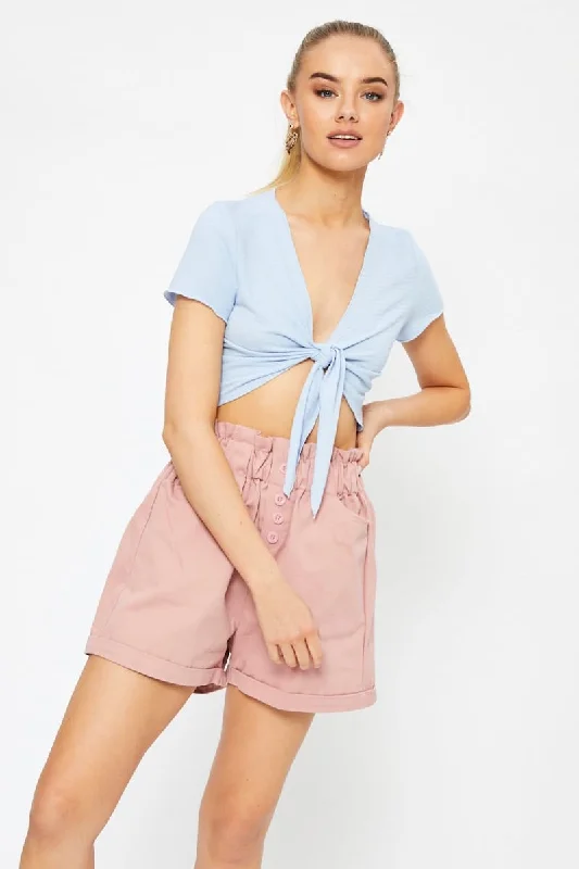 Blue Short Sleeve Textured Jersey Knot Front Crop Top