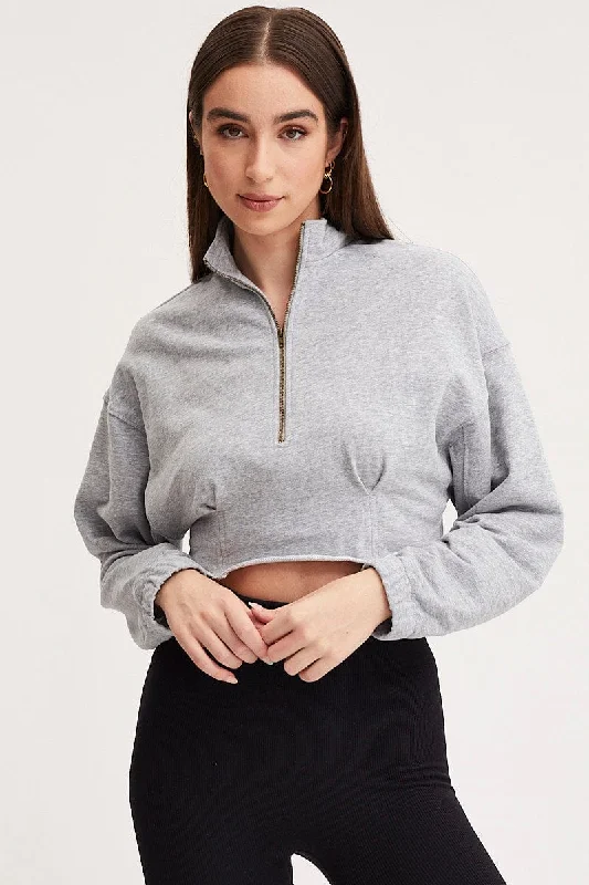 Grey Zip Front Sweater Long Sleeve