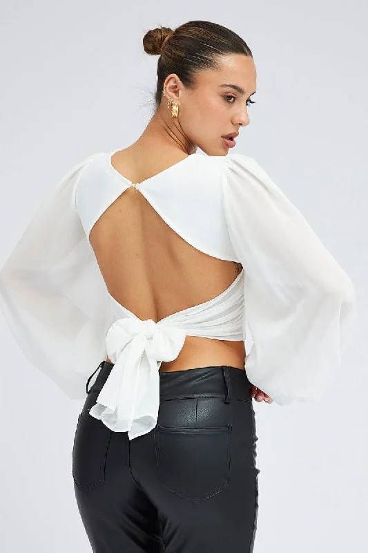 White Crop Top Long Balloon Sleeve Backless Plunge Top