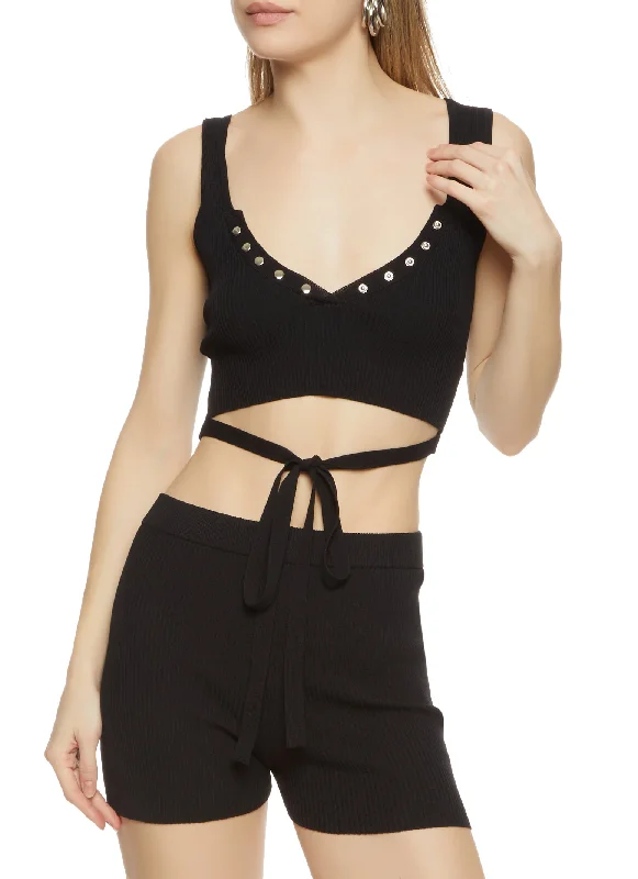 Ribbed Snap Button Detail Tie Front Tank Top