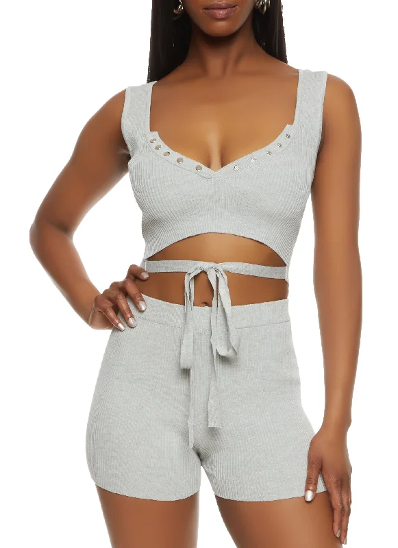 Ribbed Snap Button Detail Tie Front Tank Top