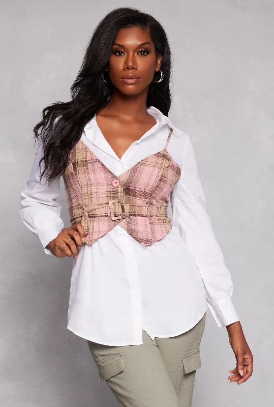 Haute Monde Long Sleeve Shirt with Plaid Vest