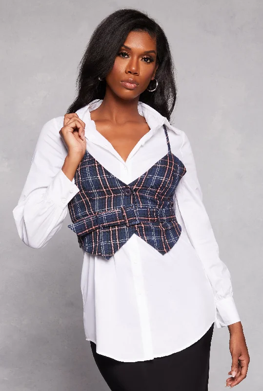 Haute Monde Long Sleeve Shirt with Plaid Vest